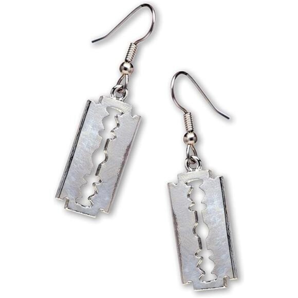 Gothic Razor Blade Dangle Earrings - Polished Silver Finish Pewter Metal Jewelry - Picture 8 of 8